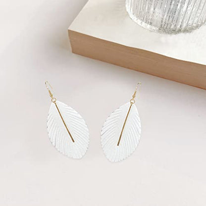 YUNXI Large Genuine Soft Leather Handmade Fringe Feather Lightweight Leaf with Simple Drop Metal Bar Tear Drop Dangle Color Earrings for Women - color: White