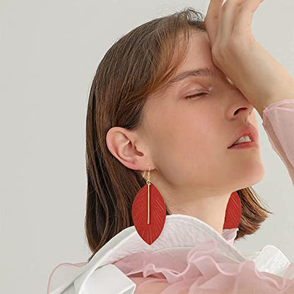 YUNXI Large Genuine Soft Leather Handmade Fringe Feather Lightweight Leaf with Simple Drop Metal Bar Tear Drop Dangle Color Earrings for Women - color: Red