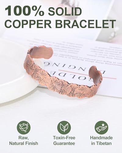Pure Copper Bracelet – Copper Bracelet for Men & Women – 100% Solid, Raw & Uncoated Handmade Hammered Tibetan Cuff Bangle - color: Ginkgo Leaf