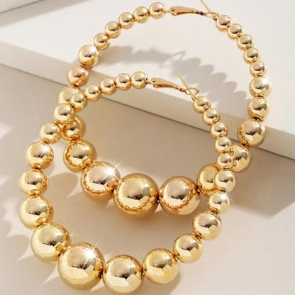 Gold Extra Large Hoop Earrings for Women,Round Metal Ball Beaded Dangle Earrings,Geometric Big Hoops Hanging Earrings Boho Vocation Everyday Jewelry - color: Golden