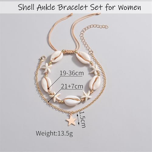 Shell Ankle Bracelet Set for Women,Boho Adjustable Beads Anklet Pack Natural White Shells Stack Stretch Seashell Pearl Starfish Bracelet Set Hawaiian Beach Vacation Foot Jewelry - style: M-Starfish Shell