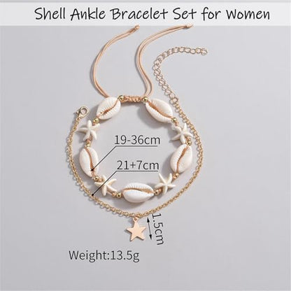 Shell Ankle Bracelet Set for Women,Boho Adjustable Beads Anklet Pack Natural White Shells Stack Stretch Seashell Pearl Starfish Bracelet Set Hawaiian Beach Vacation Foot Jewelry - style: M-Starfish Shell