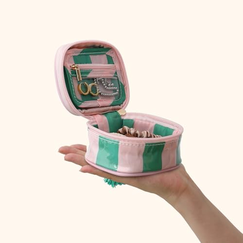 Travel Jewelry Case, Pink and Green | Clear Coated, Stripe, Tassels, Mini Storage Box for Ring,Necklace,Bracelet,Gift - color: Pink Green