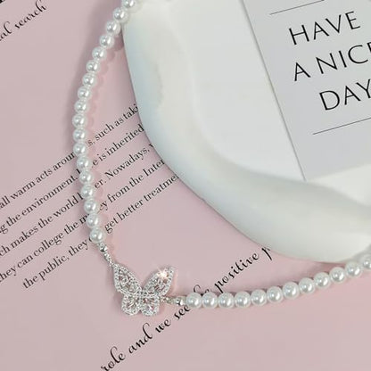 Zeffy Pearl Necklace 4MM/6MM/8MM Dainty Round Imitation Pearl Choker Necklace Wedding Pearl Necklace Delicate Jewelry for Women Simple Bridesmaid Jewelry Gifts - style: 6mm Silver Butterfly Pearl Necklace(18"+2")