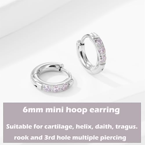 Hypoallergenic Unisex Surgical Steel Small Cubic Zirconia Huggie Hoop Earring, Color Gold - Silver - Rose Gold - Black - Rainbow, Size 6mm- 12mm Safe for Sensitive Ear - style: 6MM Silver Hoops, Pink CZ