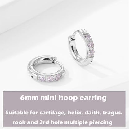Hypoallergenic Unisex Surgical Steel Small Cubic Zirconia Huggie Hoop Earring, Color Gold - Silver - Rose Gold - Black - Rainbow, Size 6mm- 12mm Safe for Sensitive Ear - style: 6MM Silver Hoops, Pink CZ