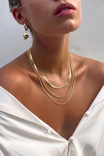 Tewiky Layered Necklaces for Women 14k Gold Plated Chain Necklace Set | Chunky Herringbone/Snake/Rope/Box/Cuban Link Chain for Women, Layering Stack Choker Necklace, Dainty Jewelry Set Non Tarnish - color: 3 Snake Cuban Box Gold