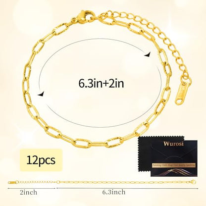 Wurosi 12PCS 18K Gold Plated Embossed Bracelet Chains 6.3Inch Gold Charm Bracelet Chains for Women DIY Jewelry Making - color: Bracelets 12 PCS Gold