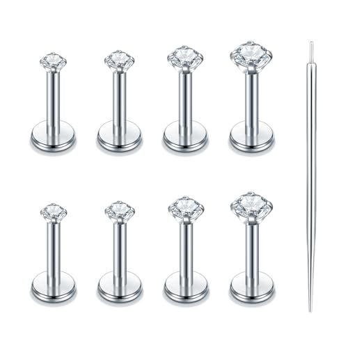 Oveta Threadless Push in Lip Rings 16G/18G/20G Labret Jewelry CZ Lip Studs Stainless Steel Cartilage Earrings for Women Monroe Medusa Piercing Jewelry 6/7/8/10/12mm Bar Length - color: Silver, size: 16G*6mm bar*1.5/2/2.5/3mm cz