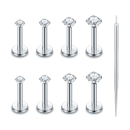 Oveta Threadless Push in Lip Rings 16G/18G/20G Labret Jewelry CZ Lip Studs Stainless Steel Cartilage Earrings for Women Monroe Medusa Piercing Jewelry 6/7/8/10/12mm Bar Length - color: Silver, size: 16G*6mm bar*1.5/2/2.5/3mm cz