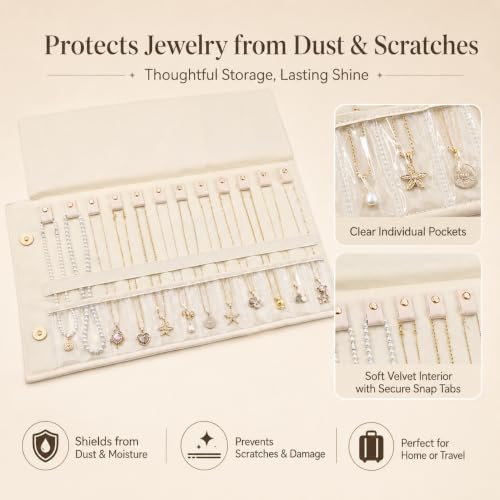 Travel Necklace Organizer Roll Up Jewelry Case, 12 Slots, Beige | Foldable travel jewelry organizer keeps necklaces, chains and bracelets separated in 12 slots to reduce tangles on the go.