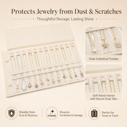 Travel Necklace Organizer Roll Up Jewelry Case, 12 Slots, Beige | Foldable travel jewelry organizer keeps necklaces, chains and bracelets separated in 12 slots to reduce tangles on the go.