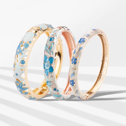 wynameleri Womens Multi-colors Cloisonne Bracelets Flower Enameled Gold Plated Hinged Cuff Bangles Jewelry Gift 3 Packs - color: 3 Pcs Set-Light Blue