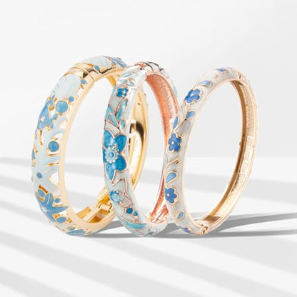 wynameleri Womens Multi-colors Cloisonne Bracelets Flower Enameled Gold Plated Hinged Cuff Bangles Jewelry Gift 3 Packs - color: 3 Pcs Set-Light Blue
