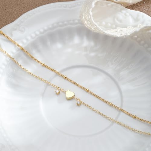 Ankle Bracelets for Women 14K Gold/Silver Plated Cross Heart Bead Anklet Waterproof Adjustable Chain Non Tarnish Cute Boho Trendy Dainty Summer Beach Foot Jewelry Gift for Her - style: 2 Layered Bead&Heart-GD