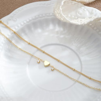 Ankle Bracelets for Women 14K Gold/Silver Plated Cross Heart Bead Anklet Waterproof Adjustable Chain Non Tarnish Cute Boho Trendy Dainty Summer Beach Foot Jewelry Gift for Her - style: 2 Layered Bead&Heart-GD