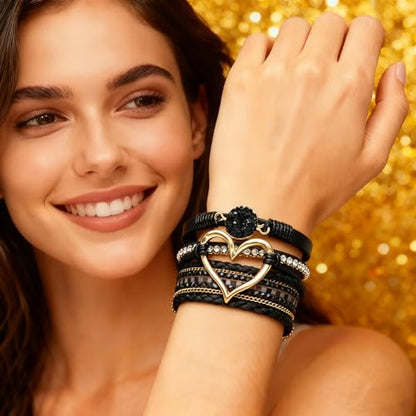 Leather Wrap Bracelets for Women, Boho Leopard Multi-Layer Crystal Beads Cuff Jewelry - color: J-Warp-018