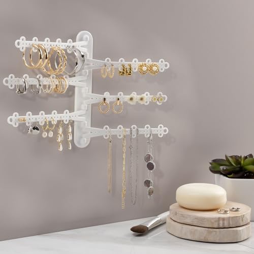6-Tier Hanging Wall Jewelry Organizer, Earring, Necklace, Ring Holder-White | Large Capacity with 120 Earring Holes, Rotating Branches, Includes 3M Command Strips, Bracelet, Ring & Necklace Storage - color: 6-Tier Classic White