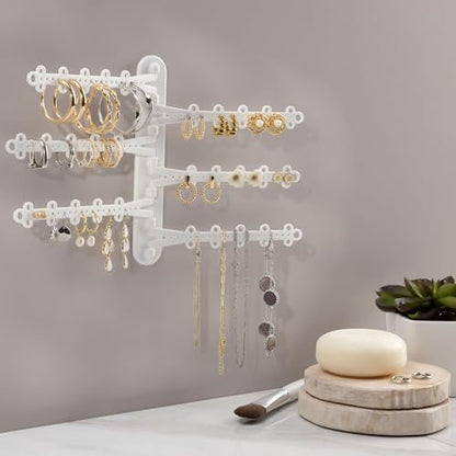 6-Tier Hanging Wall Jewelry Organizer, Earring, Necklace, Ring Holder-White | Large Capacity with 120 Earring Holes, Rotating Branches, Includes 3M Command Strips, Bracelet, Ring & Necklace Storage - color: 6-Tier Classic White