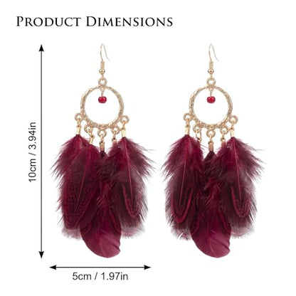 Vibrant Red Feather Drop Earrings for Women Vintage Hoop | Lightweight retro accessories complementing summer vacation outfits