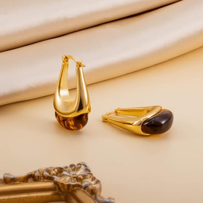 LAXPICOL Gold Chunky Dangle Earrings For Women Resin Stone Earrings Hoop Earrings, 18k Plated Oval Resin Stone Statement Earrings for Women Unique Dangling Teardrop Baroque Huggies Hoop Earrings - color: Brown-Teardrop 1