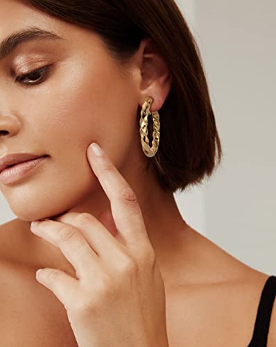 WOWORAMA Chunky Gold Hoop Clip On Earrings for Women | Large Chunky Hoops Clips Earrings, Polished Gold-Plated Clip-On Hoops, Statement Non Pierced Jewelry - color: 40mm Twisted Hoops