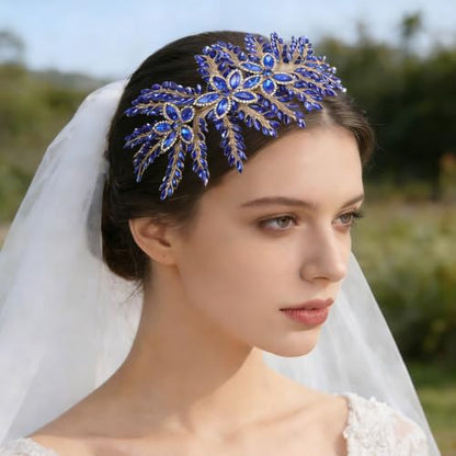 Teyglen Large Full Rhinestone Headband Flower Crystal Bride Wedding Headband Hair Vine Bridal Rhinestone Headpiece Wedding Hair Accessories for Women Party Prom (Blue) - color: Blue
