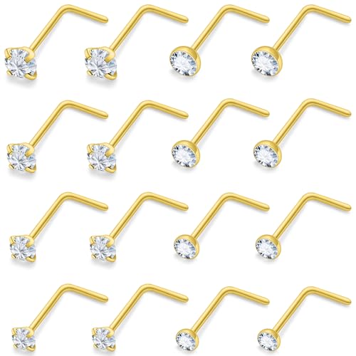 18G 20G 22G Round Cubic Zirconia Nose Rings Studs for Women Men 316L Stainless Surgical Steel Nose Ring Stud Piercing Jewelry Silver Gold Clear CZ 1.5mm 2mm 2.5mm 3mm - style: 24G (Thin) L Shaped Gold