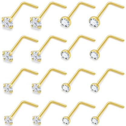 18G 20G 22G Round Cubic Zirconia Nose Rings Studs for Women Men 316L Stainless Surgical Steel Nose Ring Stud Piercing Jewelry Silver Gold Clear CZ 1.5mm 2mm 2.5mm 3mm - style: 24G (Thin) L Shaped Gold