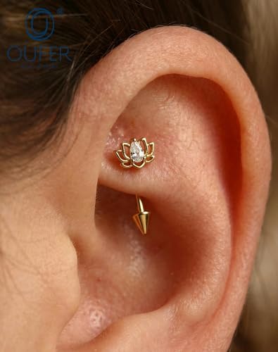 OUFER 16G Rook Piercing Jewelry, Lotus Eyebrow Earrings, 316L Surgical Steel Rook Earrings, Curved Barbell Lip Rings, Helix Cartilage Piercing Jewelry for Women - color: Gold