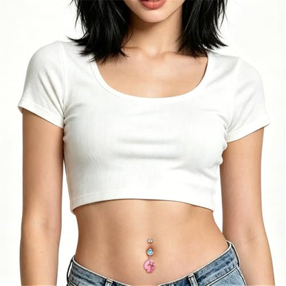 14G Pink Seashell Dangle Belly Button Ring, Blue Cubic Zirconia Crystal Starfish Belly Rings Stainless Steel Navel Barbell Piercing Jewelry for Women