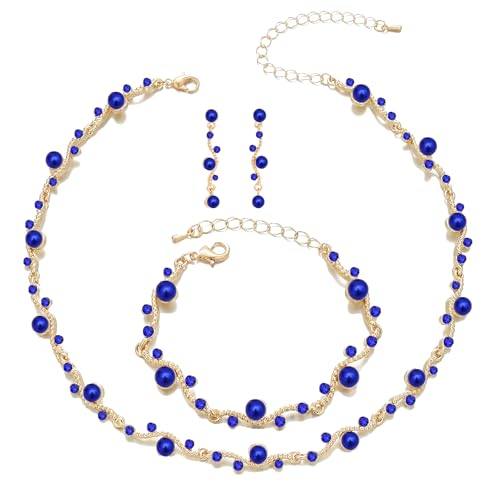 Bridal Pearl Choker Necklace Earrings Bracelet Wedding Crystal Jewelry Set for Women Brides Bridesmaid Prom - color: Blue-Gold Plated