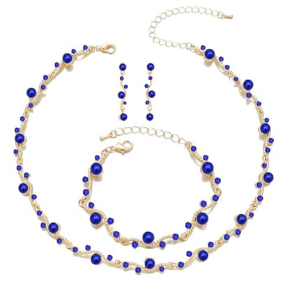 Bridal Pearl Choker Necklace Earrings Bracelet Wedding Crystal Jewelry Set for Women Brides Bridesmaid Prom - color: Blue-Gold Plated