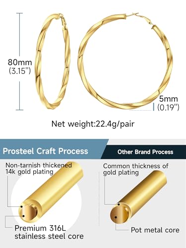 PROSTEEL Chunky Hoop Earrings for Women 14K Gold Plated/Black/Silver | 20/30/40/50/60/70/80mm Stainless Steel Thick Big Round Hoop with Waterproof and Non Tarnish Trendy Jewelry with Gift Box - color: 4. Gold, size: 80MM