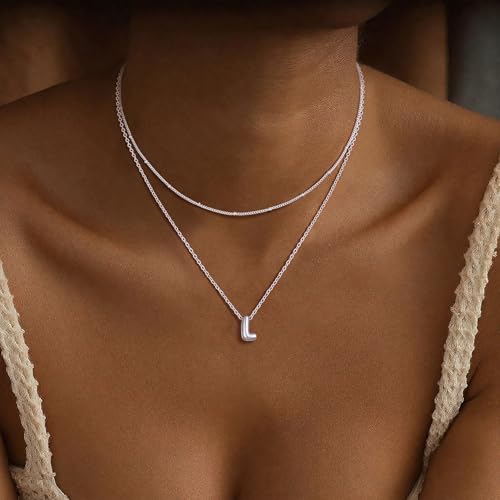 Thaivor Initial Necklaces for Women 14K Gold Plated Bubble Letter Necklace Layered Dainty Cute Choker Pendant Stack Jewelry Fashion Accessories Teen Trendy Gift - color: Silver, style: L