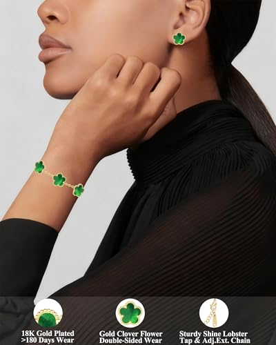 Clover Jewelry Set 3 PC - 18K Gold Plated Stainless Steel Y Necklace Four Leaf Pendant, Clover Link Bracelet Charm, Flower Earrings, Hypoallergenic Non-Tarnish,Simple Luxury Lucky Gifts for Women - color: Green