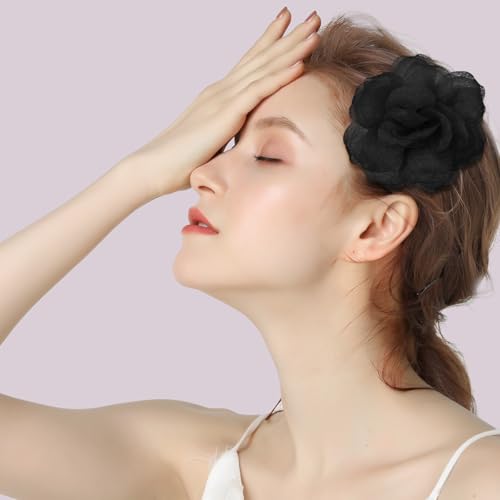 Rose Flower Brooch and Pin With Hair Clip | Black Lapel Pin for Women | Hat Pin | Flower Hair Clip, 3.1 Inches - color: Black