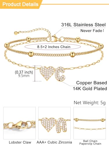 U7 Heart Initial Ankle Bracelets for Women Waterproof, Silver/14K Gold Plated Anklets CZ Initial Heart Anklets Stainless Steel Summer Beach Ankle Adjustable 8.5"-10.5" - color: Gold