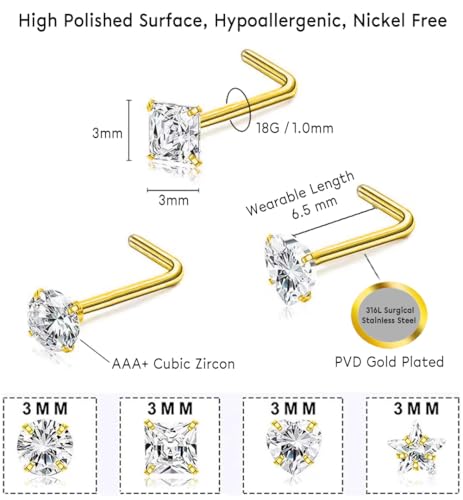 SEEDRILL 8Pcs 20G Nose Rings studs for Woman Hypoallergenic Nose Studs 316L Surgical Steel with Gold Plated Nose Piercings Jewelry 3mm CZ L Shape Nose Rings 20 Gauge Nose Stud Nose Screw Studs - style: 8Pcs/18G/3mm CZ/L Shape/Gold-Plated