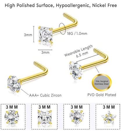 SEEDRILL 8Pcs 20G Nose Rings studs for Woman Hypoallergenic Nose Studs 316L Surgical Steel with Gold Plated Nose Piercings Jewelry 3mm CZ L Shape Nose Rings 20 Gauge Nose Stud Nose Screw Studs - style: 8Pcs/18G/3mm CZ/L Shape/Gold-Plated