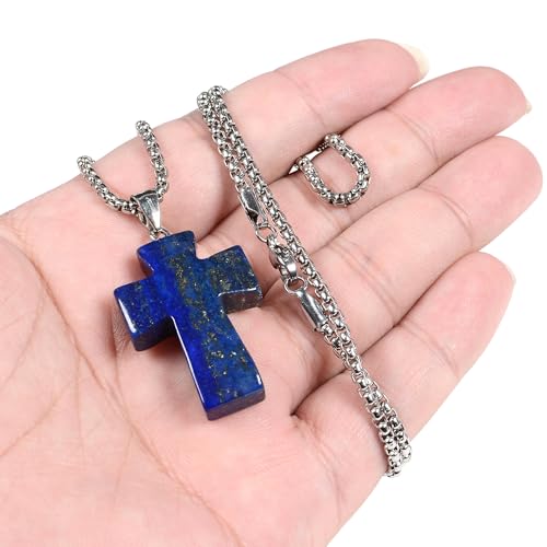 Justinstones 32mm Gemstone Carved Cross Reiki Chakra Pendant With Stainless Steel Necklace 22 Inch - color: Lapis