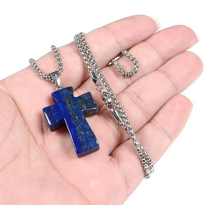 Justinstones 32mm Gemstone Carved Cross Reiki Chakra Pendant With Stainless Steel Necklace 22 Inch - color: Lapis