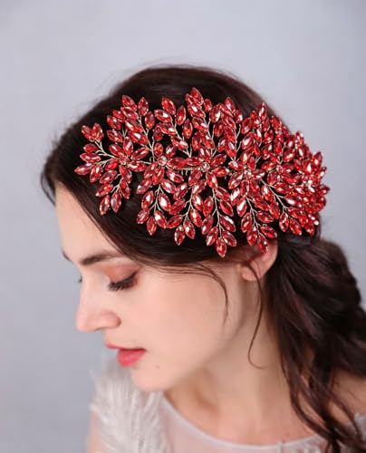 Bridal Rhinestone Hair Comb Large Rhienstone Wedding Headpiece Handmade Crystal Hair Comb for Bride Wedding Hair Accessories for Women (red) - color: red