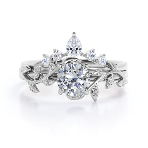 Center 1 CT Round Cut Floral Moissanite Wedding Rings Sets for Women Leaf and Vine Art Deco Engagement Ring Sets in S925 Sterling Silver 10K 14K 18K Gold with Text Engraving - color: Style C