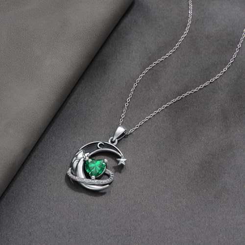 I Love You to the Moon and Back Necklace 925 Sterling Silver Black Crescent Moon Star Pendant with Heart Birthstone Necklace Anniversary Gothic Jewelry Gifts for Women Wife Lovers - color: 05-May-Emerald