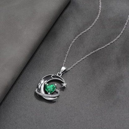 I Love You to the Moon and Back Necklace 925 Sterling Silver Black Crescent Moon Star Pendant with Heart Birthstone Necklace Anniversary Gothic Jewelry Gifts for Women Wife Lovers - color: 05-May-Emerald