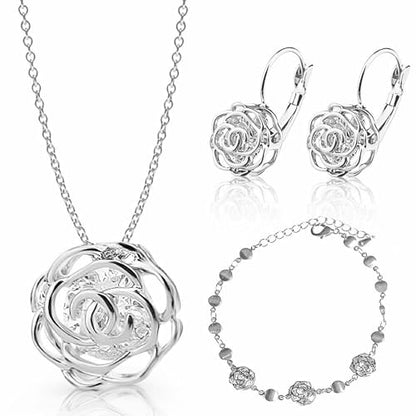 Women 18K Gold Plated White Crystal Roses Flower Set Necklace Earrings Bracelet for Women Wedding Party Bridal Bridesmaid Accessories - color: Silver