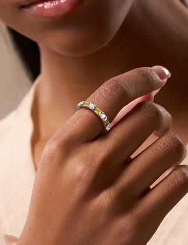 3.5mm Half Eternity Band Sterling Silver Rings for Women Sapphire/Ruby/Emerald and Cz Wedding Bands 7 Stone Stackable Birthstone Ring Anniversary Jewelry Size 6-10 - color: 08-Peridot-Aug.