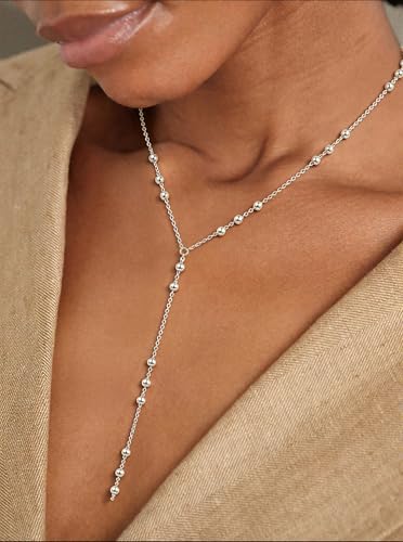 14K Gold Plated Layered Lariat Necklace for Women - Waterproof Non-Tarnish Dainty Gold Chain Necklace, Long Boho Statement Jewelry for Wedding, Prom, Summer Vacation Gifts - color: Beads Y Necklace-Silver