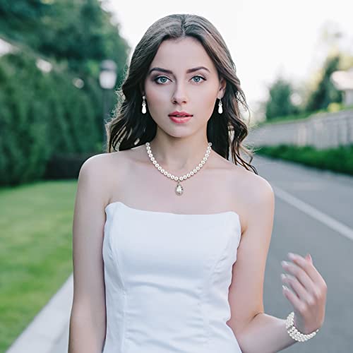 Bonuci 12 Pcs Women Pearl Jewelry Set Pearl Necklace Bracelet Earrings with Rhinestone for Wedding Birthday Bridal Tea Party - style: Elegant Style